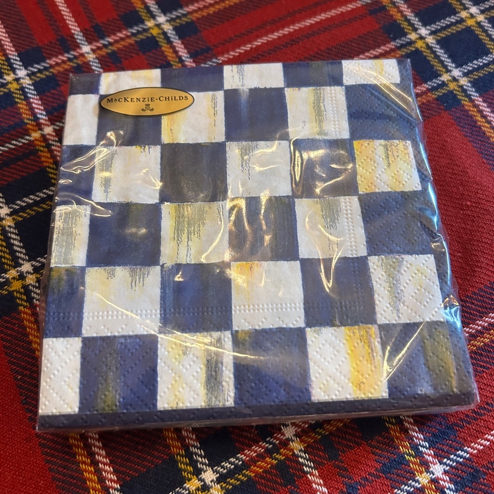 Mackenzie Childs blue and white courtly check cocktail napkins. 5”x5”.